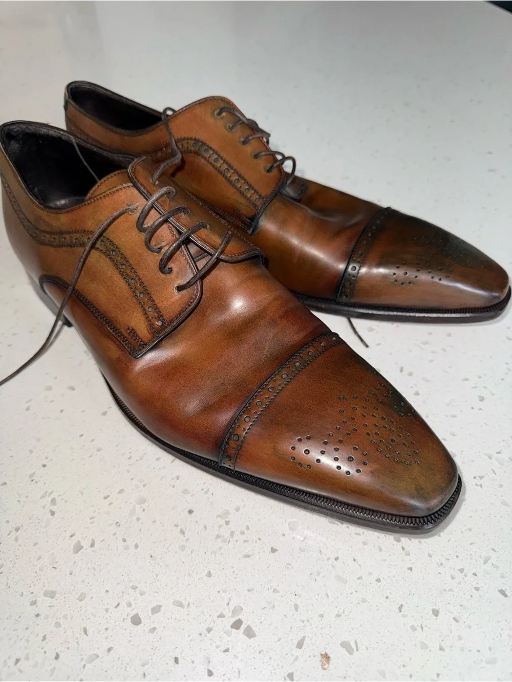 Canali Brown Burnished Leather Cap-Toe Derby Oxfords